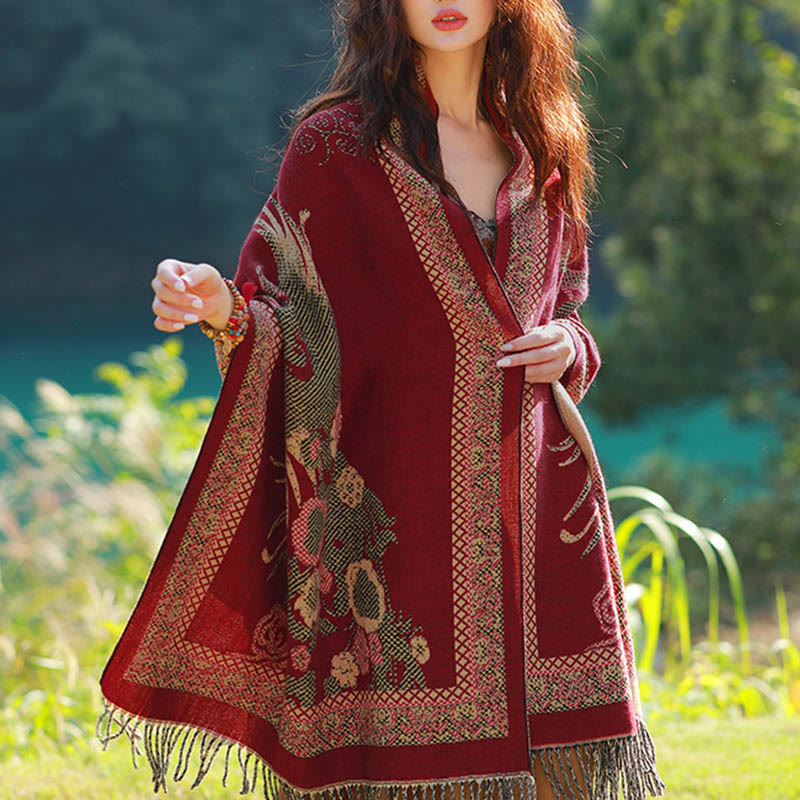 Buddha Stones Jacquard Ethnic Paisley Pflanzen Muster Quaste Weicher Thermoschal Schal - Dunkelrote Ranken, Vogelblumen - 70–190 cm - image 46