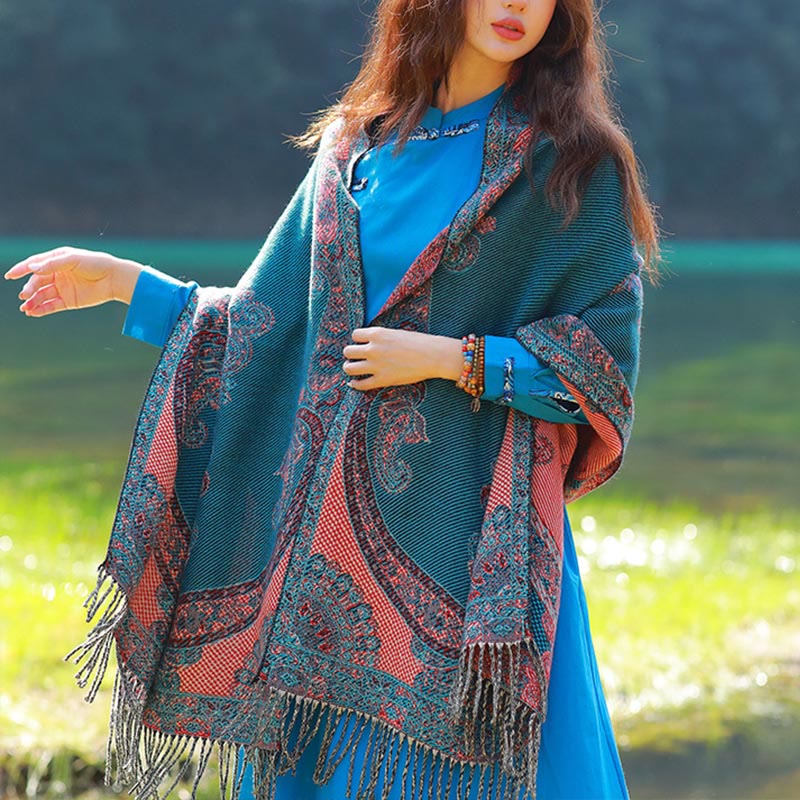 Buddha Stones Jacquard Ethnic Paisley Pflanzen Muster Quaste Weicher Thermoschal Schal - DunkelCyan Paisley - 70-190 cm - image 43