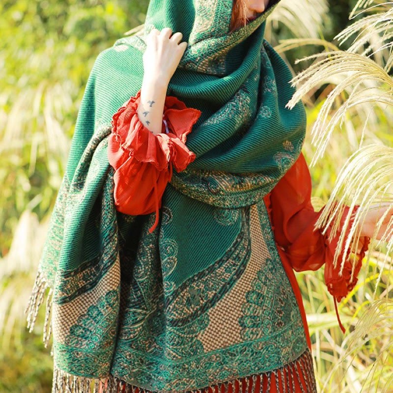 Buddha Stones Jacquard Ethnic Paisley Pflanzen Muster Quaste Weicher Thermoschal Schal - Meeresgrünes Paisley - 70–190 cm - image 44