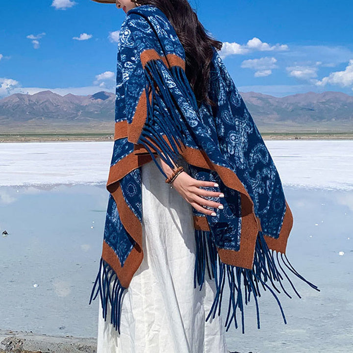 Buddha Stones Marineblau Paisley-Muster Patchwork-Design Quaste Schal Schal - image 5