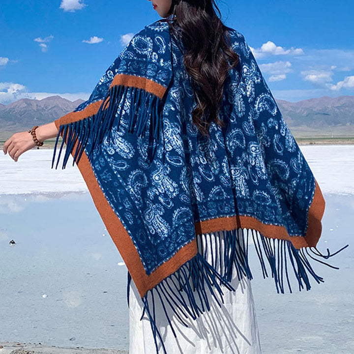 Buddha Stones Marineblau Paisley-Muster Patchwork-Design Quaste Schal Schal - Marine - 170*130cm - image 0