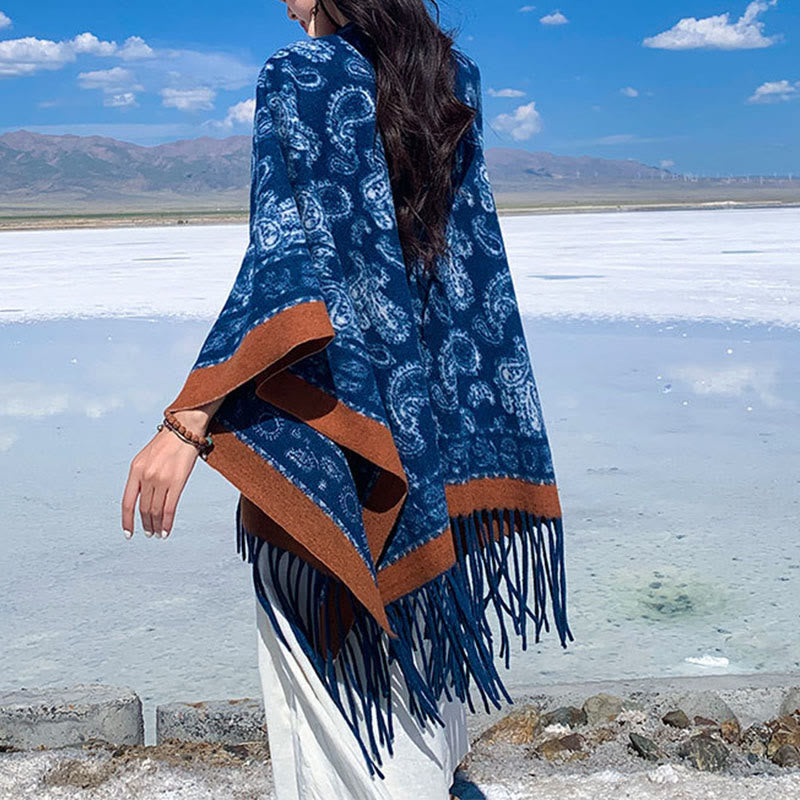 Buddha Stones Marineblau Paisley-Muster Patchwork-Design Quaste Schal Schal - image 4