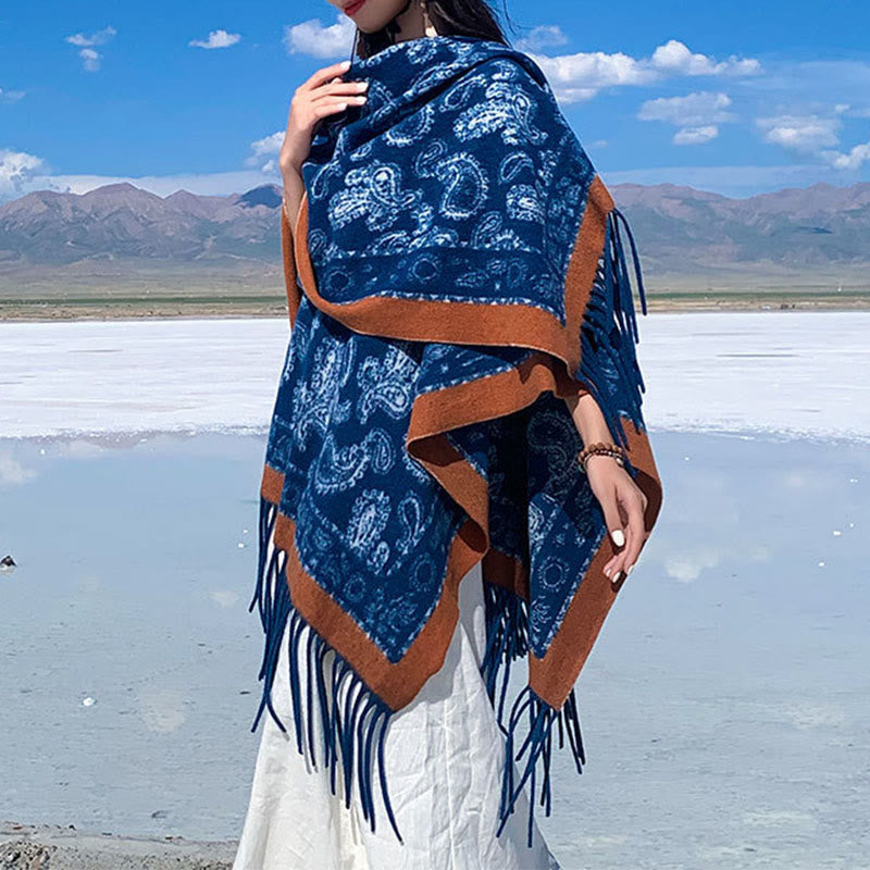 Buddha Stones Marineblau Paisley-Muster Patchwork-Design Quaste Schal Schal - image 3