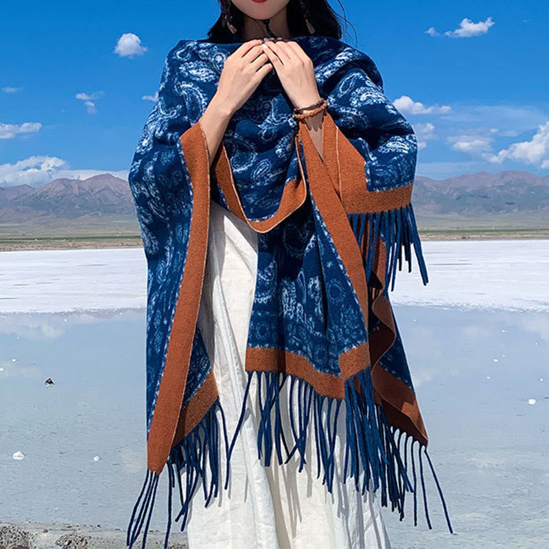 Buddha Stones Marineblau Paisley-Muster Patchwork-Design Quaste Schal Schal - image 1