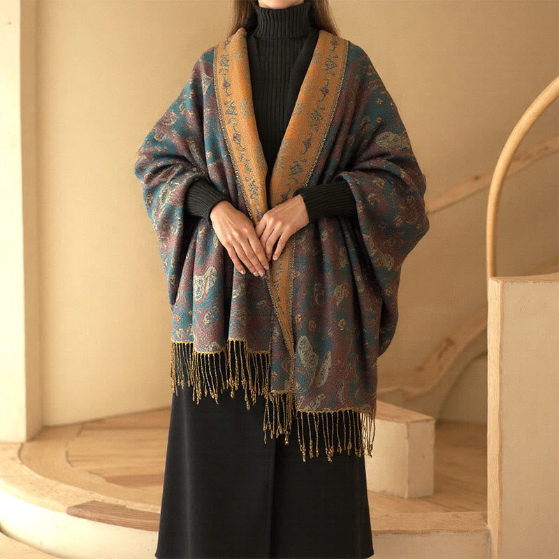 Buddha Stones Frühlingsschal mit Blumenmuster und Paisleymuster und Quasten - Blaugrün - 195*70cm - image 0