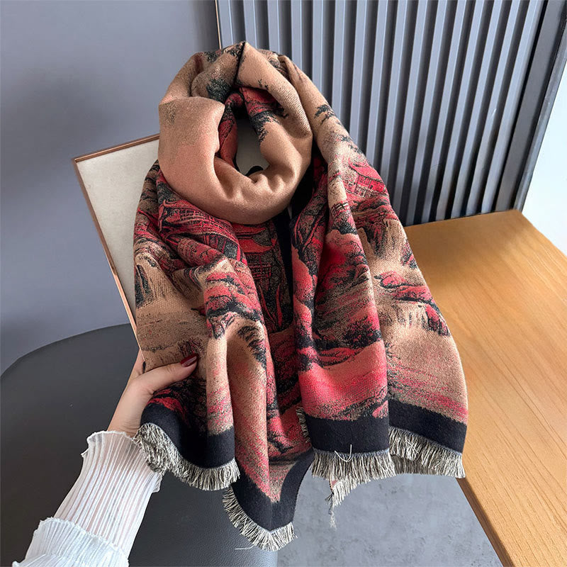 Buddha Stones Winter Landschaft Malerei Muster Quasten Gemütliche Dicken Schal Schal - image 2