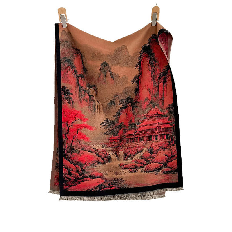 Buddha Stones Winter Landschaft Malerei Muster Quasten Gemütliche Dicken Schal Schal - image 5