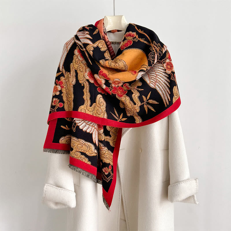 Buddha Stones, Winterkranich, Pflaumenblüte, glückverheißende Wolken, Muster, Quasten, gemütlicher Schal - Schwarz - 180*65cm - image 0