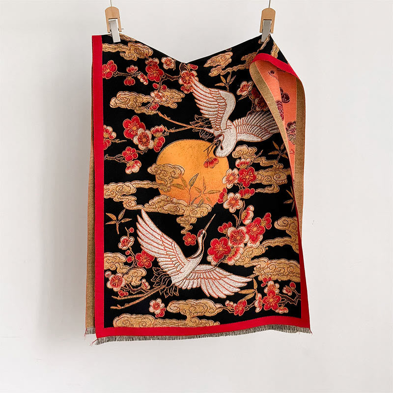 Buddha Stones, Winterkranich, Pflaumenblüte, glückverheißende Wolken, Muster, Quasten, gemütlicher Schal - image 1