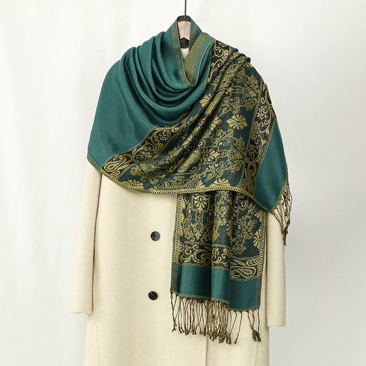 Buddha Stones Frühling Golden Cashew Blume Geometrische Muster Quaste Gemütlicher Schal Schal - DunkelMeergrün - 172*70cm - image 3