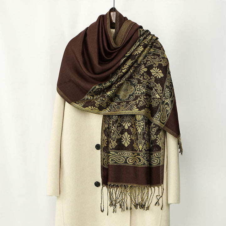 Buddha Stones Frühling Golden Cashew Blume Geometrische Muster Quaste Gemütlicher Schal Schal - Sattelbraun - 172*70cm - image 0