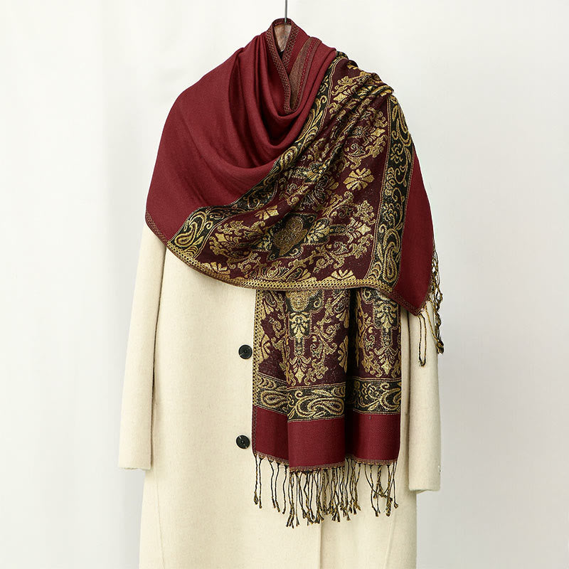 Buddha Stones Frühling Golden Cashew Blume Geometrische Muster Quaste Gemütlicher Schal Schal - Kastanienbraun - 172*70cm - image 6