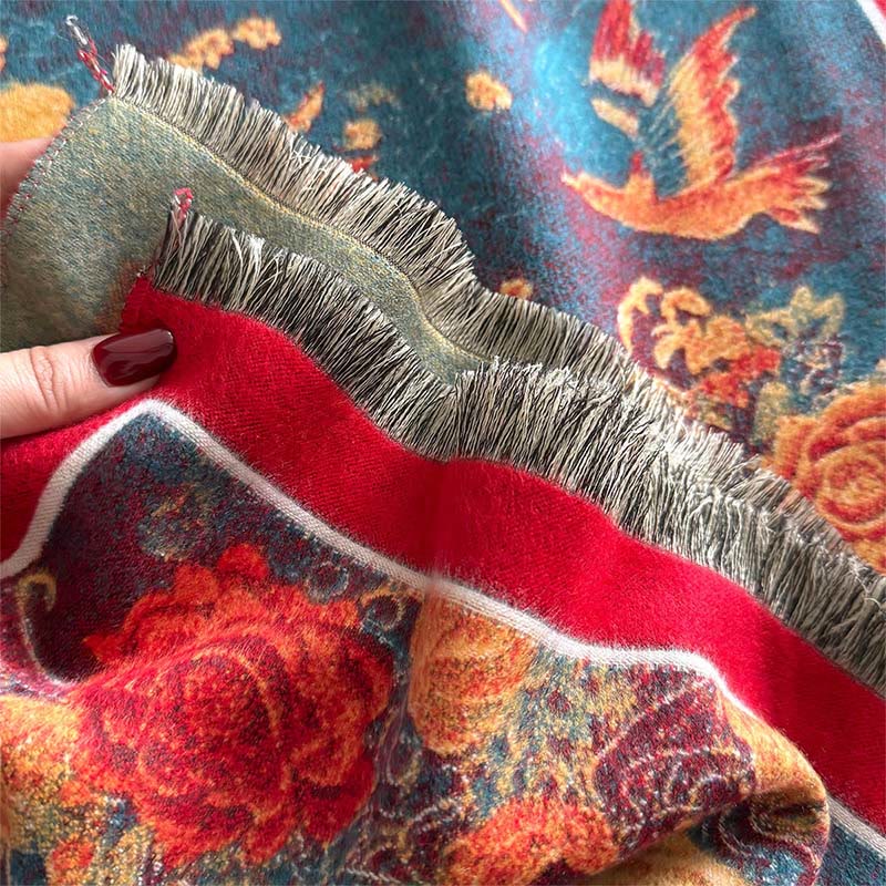 Buddha Stones Winter Phoenix Blumen Vögel Muster Quasten Thermal Weicher Schal Schal - image 4