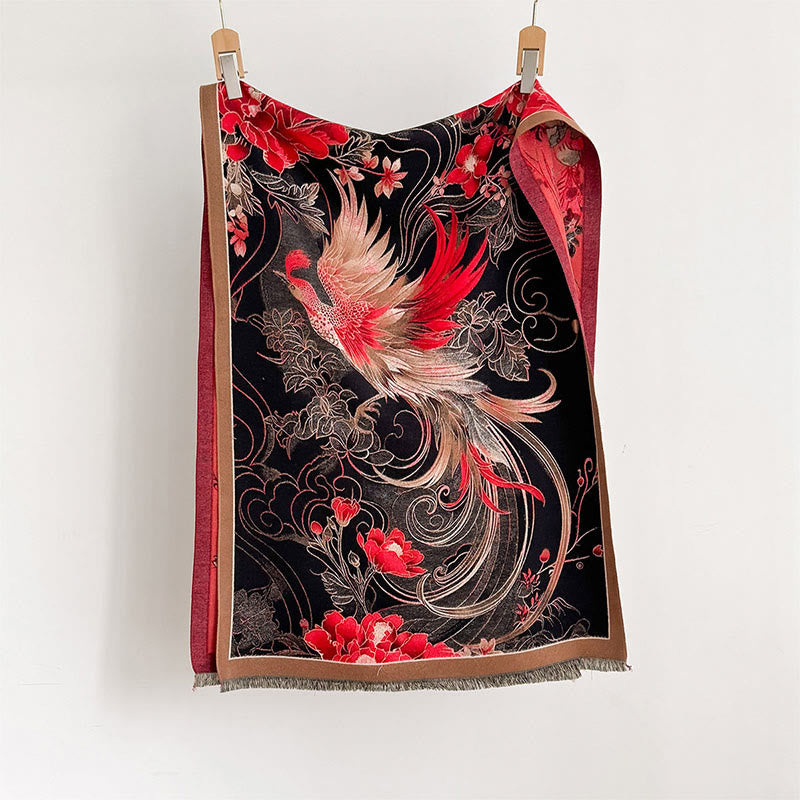 Buddha Stones Winter Thermal Phoenix Blumen Muster Quasten Weicher Schal Schal - image 1
