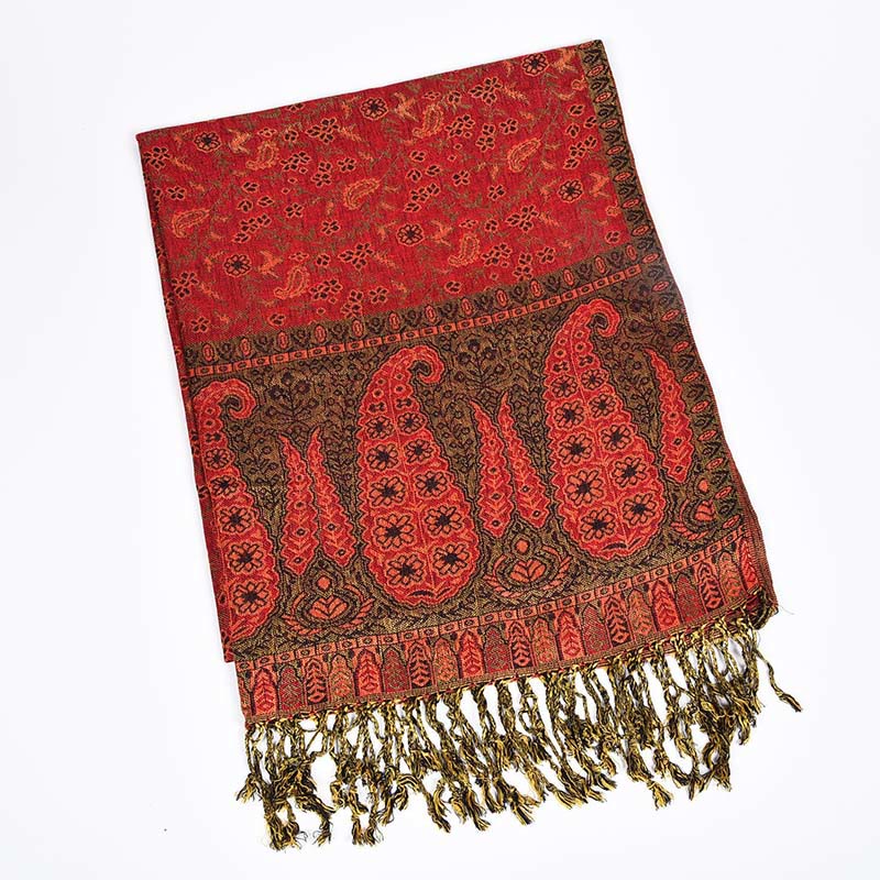 Buddha Stones Jacquard Farbkontrast Patchwork Paisley Muster Quaste Gemütlicher Schal - Rot - image 6