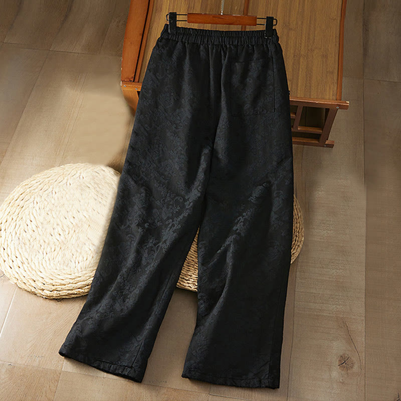 Buddha Stones Winter-Thermo-Jacquard-Blumenmuster Damen-Baumwollhose mit weitem Bein und Taschen - image 1