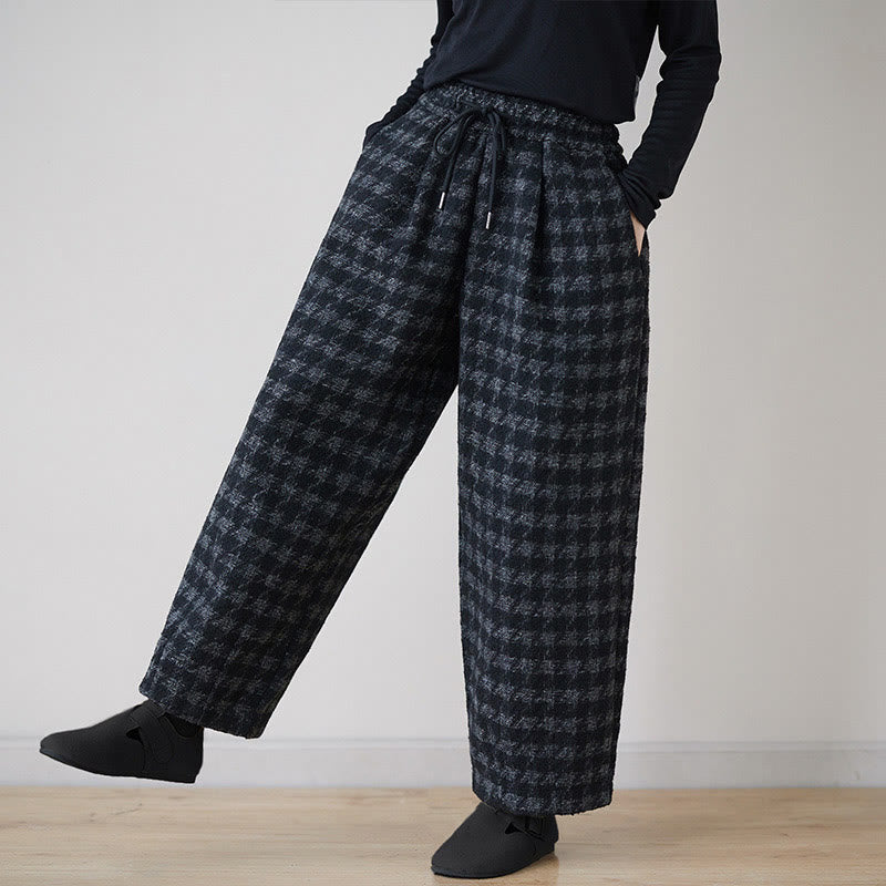 Buddha Stones Damen Winterhose mit schwarzem und grauem Karomuster, mit Fleecefutter und Taschen - image 1