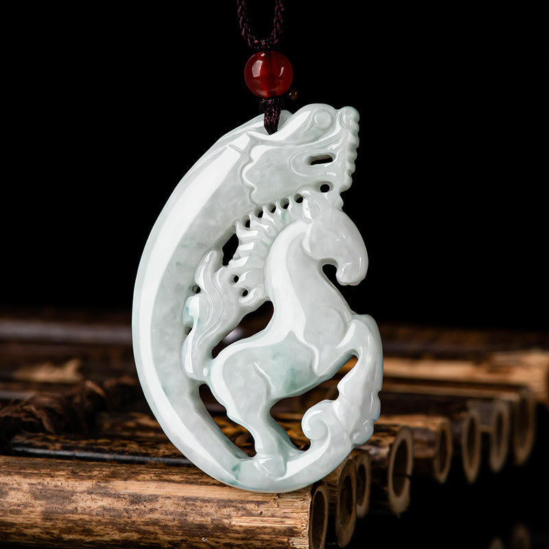 Buddha Stones Jahr des Pferdes Drachen Jade Wohlstand Seil Halskette Anhänger - image 1