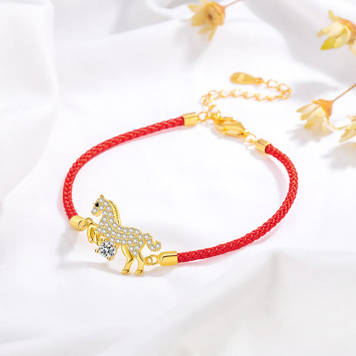 Buddha Stones 925 Sterling Silber Goldenes Jahr des Pferdes Rote Schnur Glück Verstellbares Armband - image 5