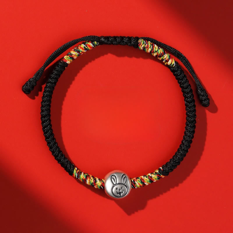 Buddha Stones 999 Sterling Silber Chinesisches Tierkreiszeichen Jahr des Pferdes Rote Schnur Stärke Geflochtenes Armband - Kaninchen Schwarz String - image 34