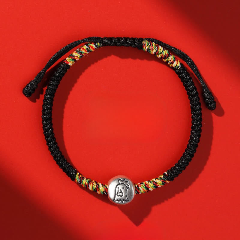Buddha Stones 999 Sterling Silber Chinesisches Tierkreiszeichen Jahr des Pferdes Rote Schnur Stärke Geflochtenes Armband - Hahn Schwarze Schnur - image 40