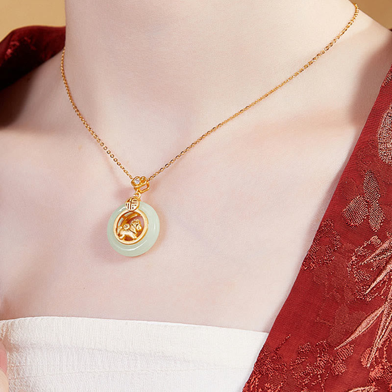 Buddha Stones 925 Sterling Silber Jahr des Pferdes Hetian Jade Friedensschnalle Glück Halskette Anhänger - image 12