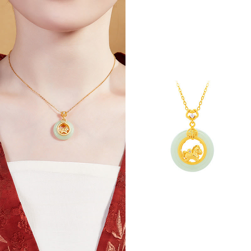 Buddha Stones 925 Sterling Silber Jahr des Pferdes Hetian Jade Friedensschnalle Glück Halskette Anhänger - image 13