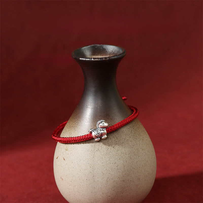 Buddha Stones Jahr des Pferdes 999 Sterling Silber Rote Schnur Kupfermünzen Geflochtenes Glücksarmband - image 2