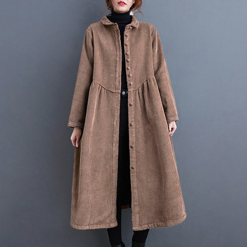 Buddha Stones Damenmantel mit schlichten Knöpfen, langärmlig, Baumwollcord, Fleecefutter und Taschen - image 26