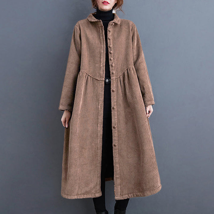 Buddha Stones Damenmantel mit schlichten Knöpfen, langärmlig, Baumwollcord, Fleecefutter und Taschen - image 26
