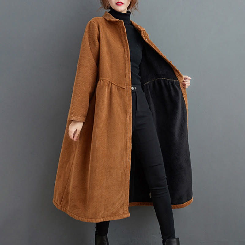 Buddha Stones Damenmantel mit schlichten Knöpfen, langärmlig, Baumwollcord, Fleecefutter und Taschen - image 21