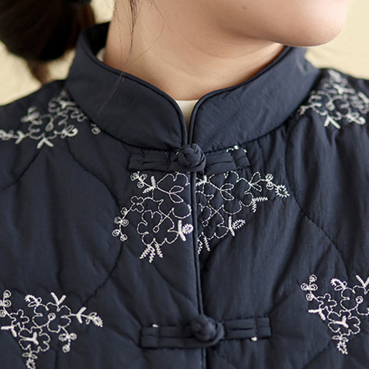 Buddha Stones bestickte Frosch-Knopf-Weste für Damen, ärmellos, Baumwolle, mit Taschen - image 7