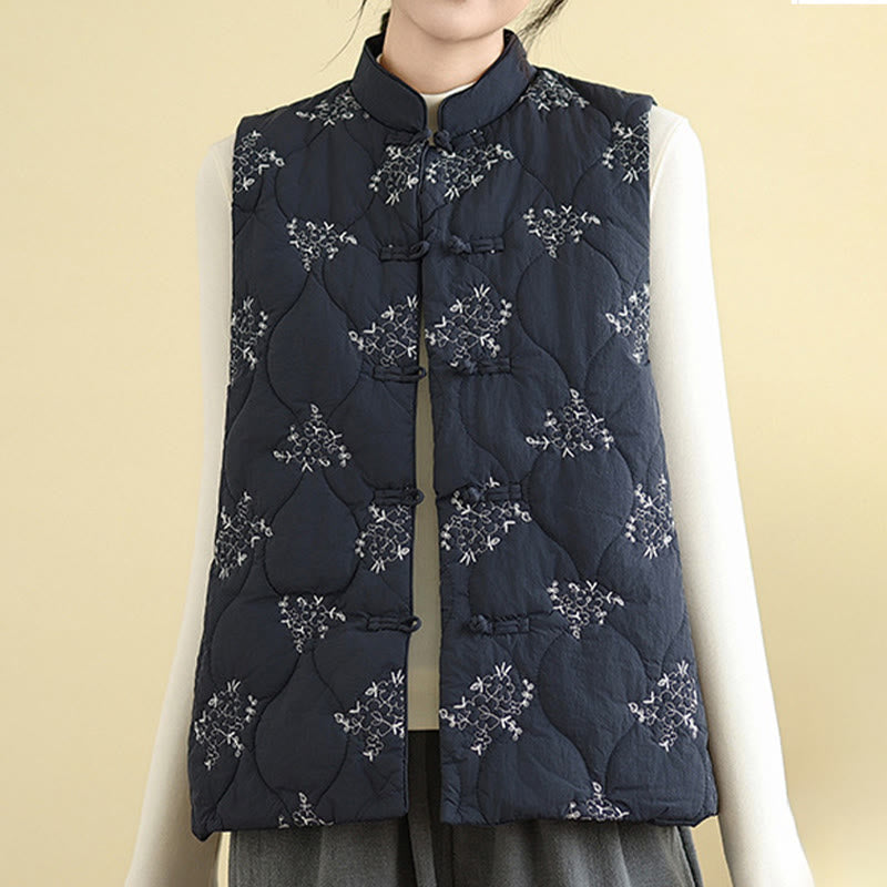 Buddha Stones bestickte Frosch-Knopf-Weste für Damen, ärmellos, Baumwolle, mit Taschen - image 8