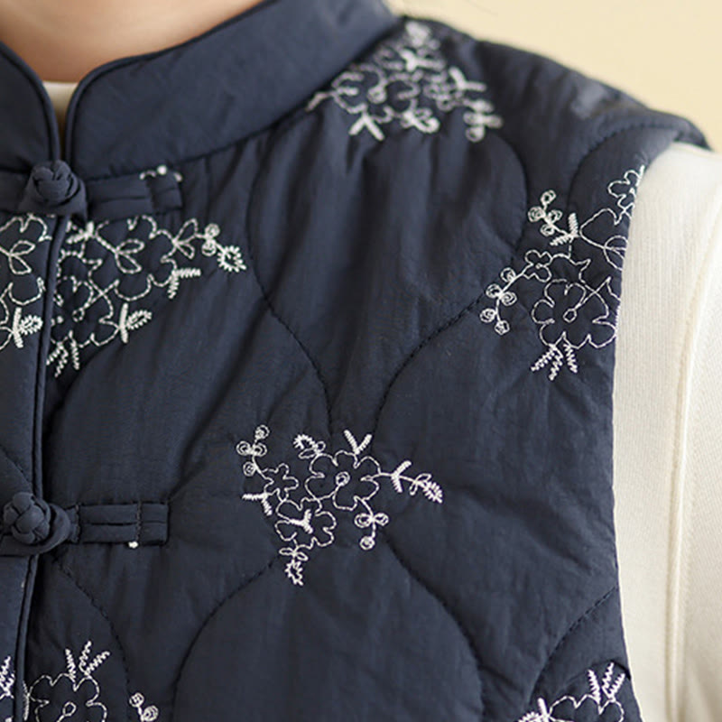 Buddha Stones bestickte Frosch-Knopf-Weste für Damen, ärmellos, Baumwolle, mit Taschen - image 6