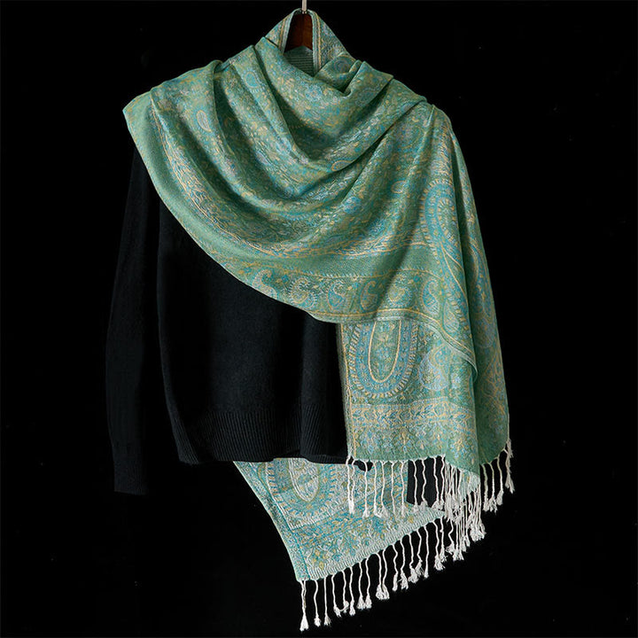 Buddha Stones Frühlingsgrün Cashew Blume Geometrische Streifen Muster Quaste Gemütlicher Schal Schal - image 7