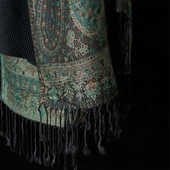 Buddha Stones Frühlingsgrün Cashew Blume Geometrische Streifen Muster Quaste Gemütlicher Schal Schal - image 5