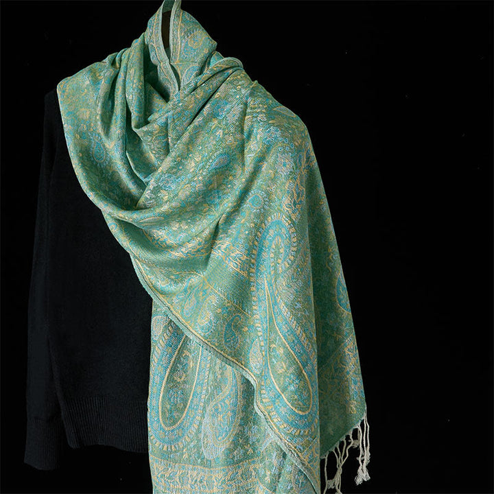 Buddha Stones Frühlingsgrün Cashew Blume Geometrische Streifen Muster Quaste Gemütlicher Schal Schal - Hellgrün - 170*70cm - image 6