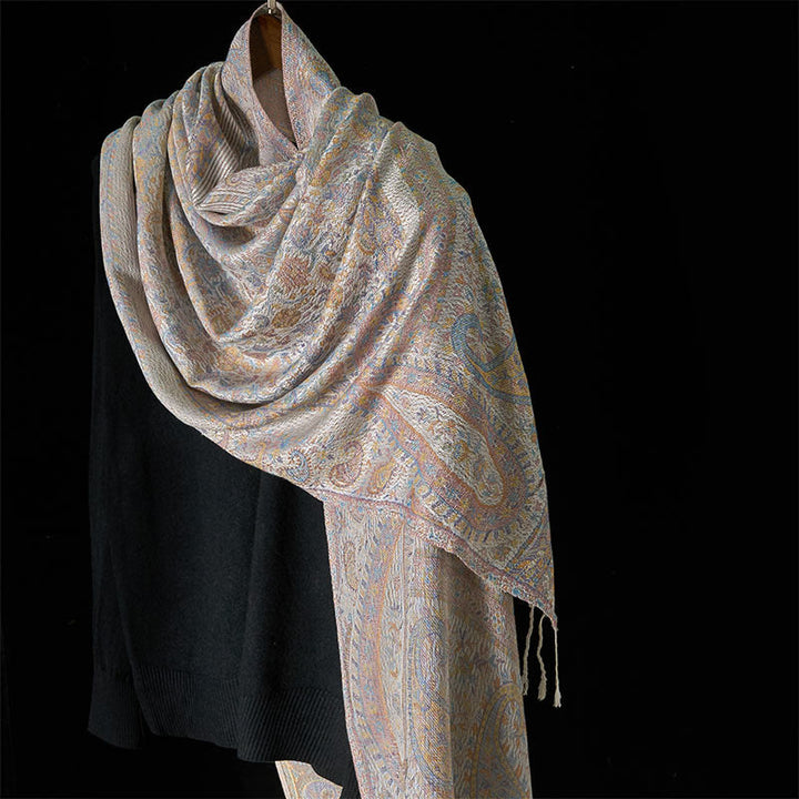 Buddha Stones Frühling Hellrosa Beige Cashew Blume Geometrische Streifen Muster Quaste Gemütlicher Schal Schal - Beige - 170*70cm - image 6