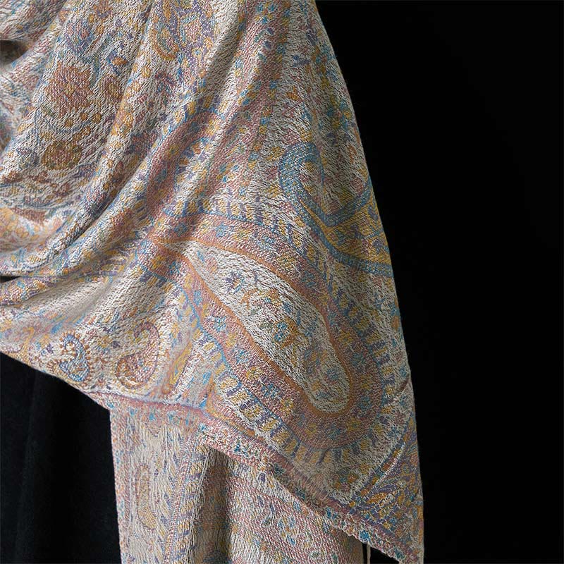 Buddha Stones Frühling Hellrosa Beige Cashew Blume Geometrische Streifen Muster Quaste Gemütlicher Schal Schal - image 10