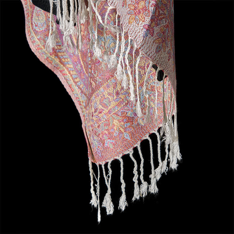 Buddha Stones Frühling Hellrosa Beige Cashew Blume Geometrische Streifen Muster Quaste Gemütlicher Schal Schal - image 5