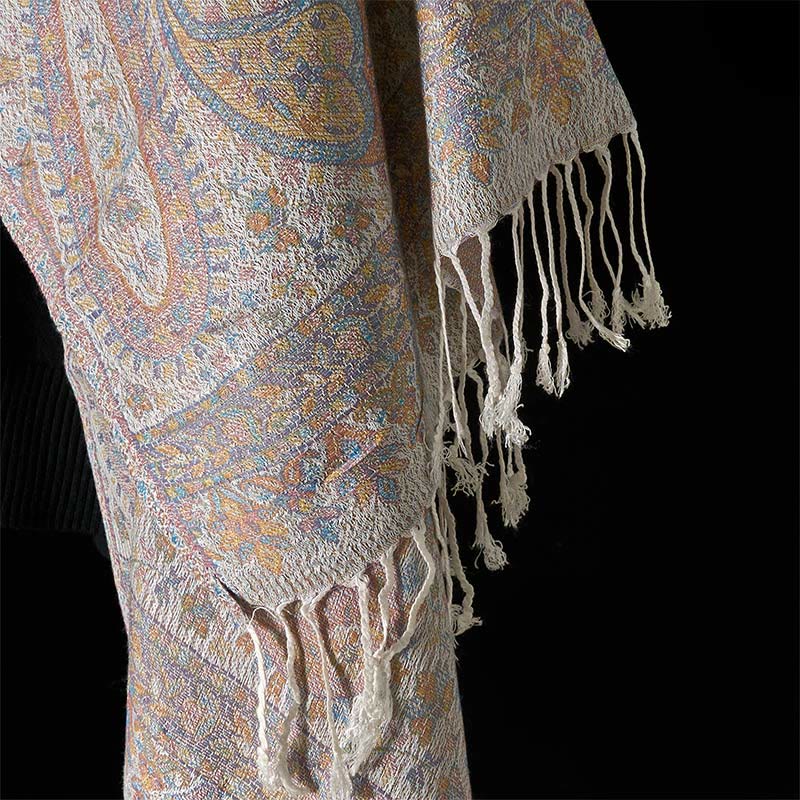 Buddha Stones Frühling Hellrosa Beige Cashew Blume Geometrische Streifen Muster Quaste Gemütlicher Schal Schal - image 11