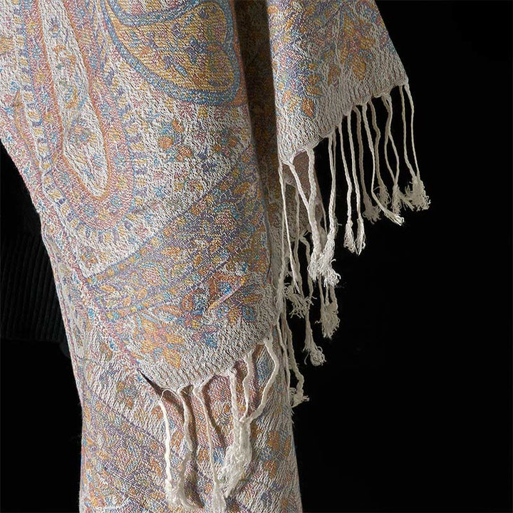 Buddha Stones Frühling Hellrosa Beige Cashew Blume Geometrische Streifen Muster Quaste Gemütlicher Schal Schal - image 11