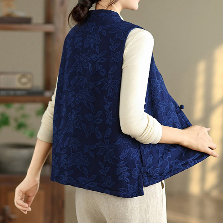 Buddha Stones Jacquard-Muster Frosch-Knopf Damen ärmellose Baumwollweste mit Taschen - image 5