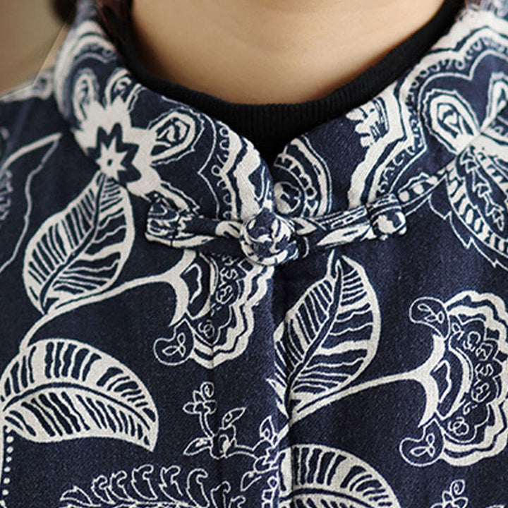 Buddha Stones Pflanzenmuster Froschknopf Damen ärmellose Baumwollweste mit Taschen - image 6