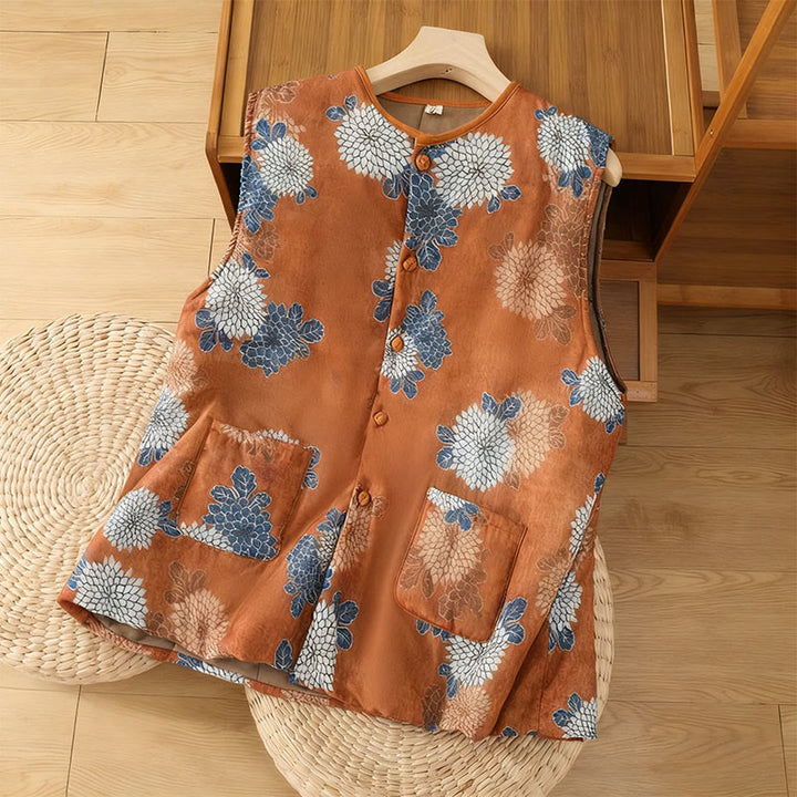 Buddha Stones Blumendrucke Knöpfe Ärmellose Baumwollweste für Damen mit Taschen - Schokolade - US4, UK/AU8,EU36 (F) - image 0