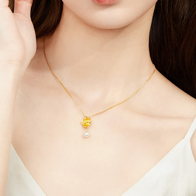 Buddha Stones 999 Sterling Silber vergoldet Kamelie Perle Heilung Halskette Anhänger - image 7