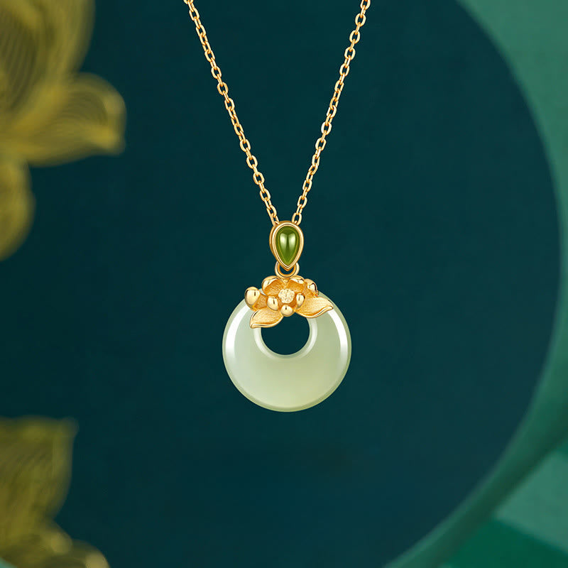 Buddha Stones 925 Sterling Silber vergoldet Hetian Jade Lotus Glück Halskette Anhänger - 925 Sterling Silber & Hetian Jade - image 0
