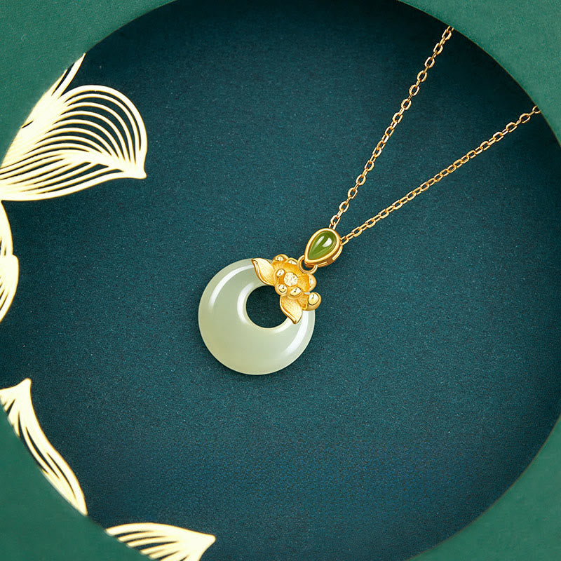 Buddha Stones 925 Sterling Silber vergoldet Hetian Jade Lotus Glück Halskette Anhänger - image 2