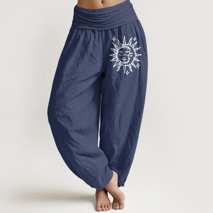 Buddha Stones Sun Moon Pattern Damen Haremshose aus reiner Baumwolle mit elastischer Taille - DunkelSchieferblau - US22, UK/AU26,EU54 (6XL) - image 5