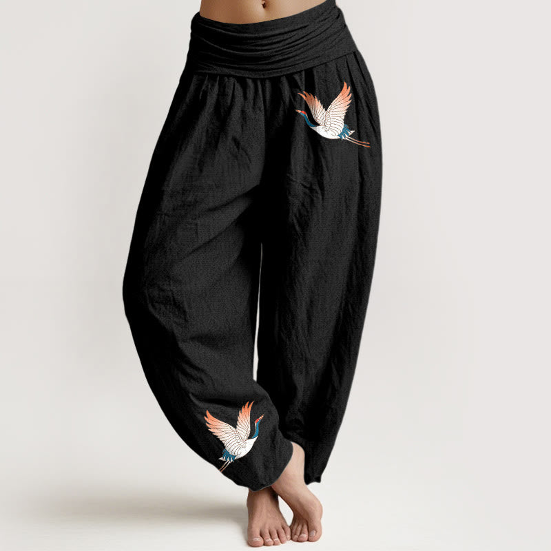 Buddha Stones, zwei anmutige Kraniche, Muster aus reiner Baumwolle, Damen-Haremshose mit elastischer Taille - Schwarz - US22, UK/AU26,EU54 (6XL) - image 0